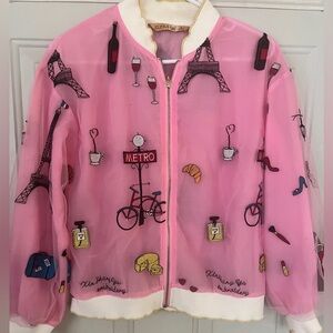ELFSACK Viva La Paris pink Embroidered tulle bomber jacket size Small.